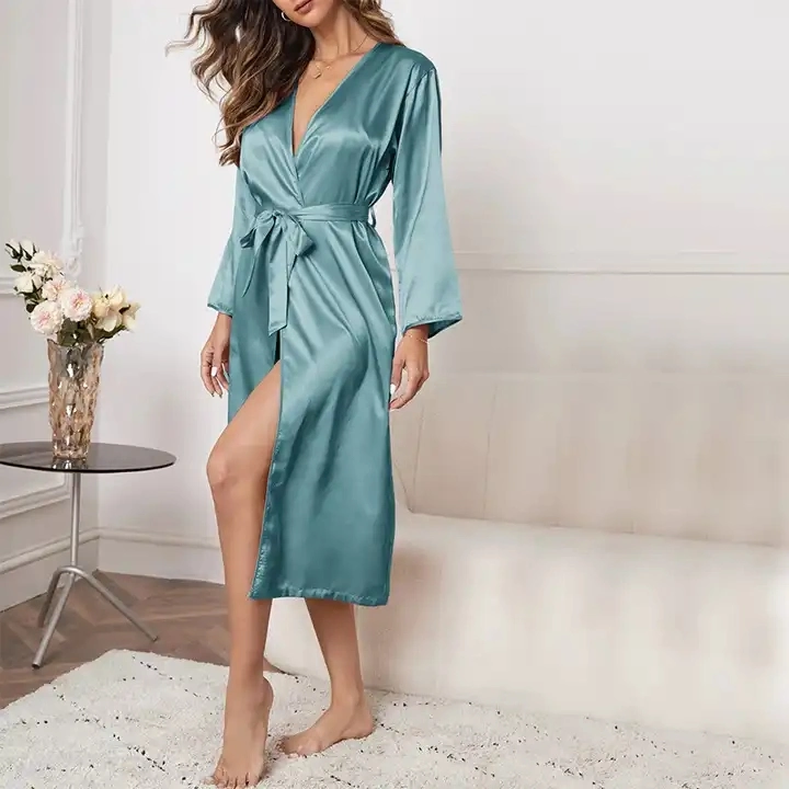 Long Sleeve Bride Bridesmaid Wedding Dressing Nightgown Solid Color Satin Silk Robe