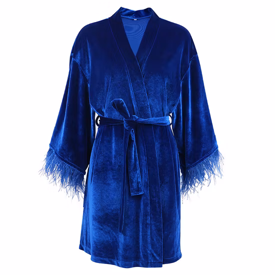 Automne nouveau Style bleu mariée plume matin Robes femmes de luxe concepteur de mode Robe velours